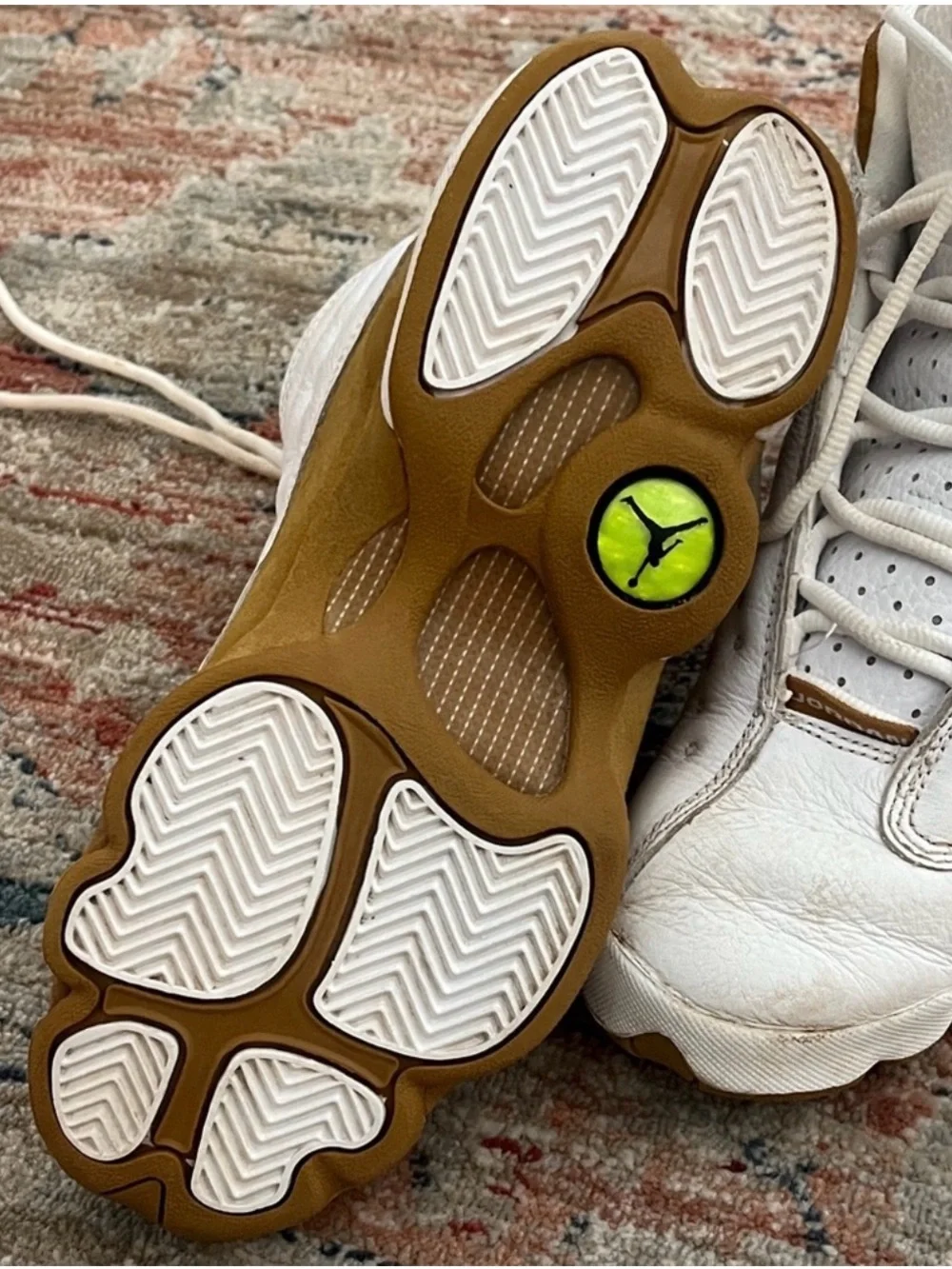 Jordan Kids White Sneakers with Gum Outsole and Neon Green Jumpman